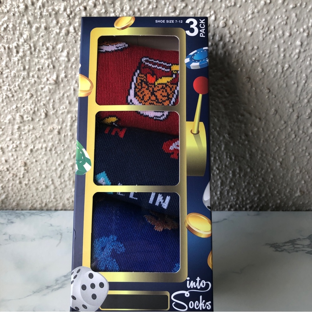 Into Socks Vegas style drinks money chips fun sock for the casino 3 pairs NIB